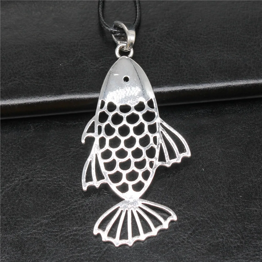 Ожерелье-цепочка унисекс из искусственной кожи, винтажный кулон в ретро стиле, античное серебристое покрытие, большая ажурная рыба, 84 х44 мм, черный цвет