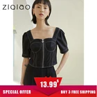 ZIQIAO, японская женская короткая рубашка с квадратным вырезом, открытые топы на молнии