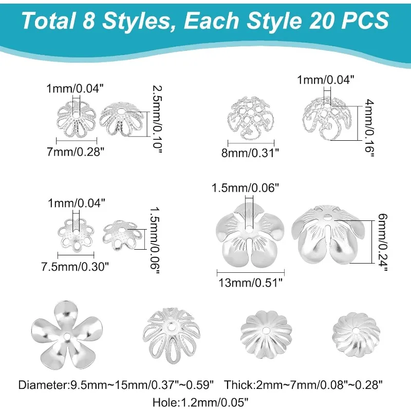 160 шт. шапочки для бусин из нержавеющей стали 7-15 мм