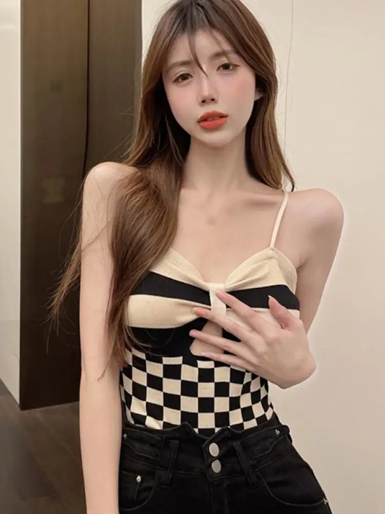 

Autumn And Winter Korean Version Of Fashion Sexy All-Match Short Camisole With Plaid Print Bow Hollow Design Sense