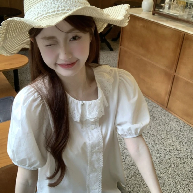 Корейский стиль весна-лето рубашка с короткими рукавами топы кружевная