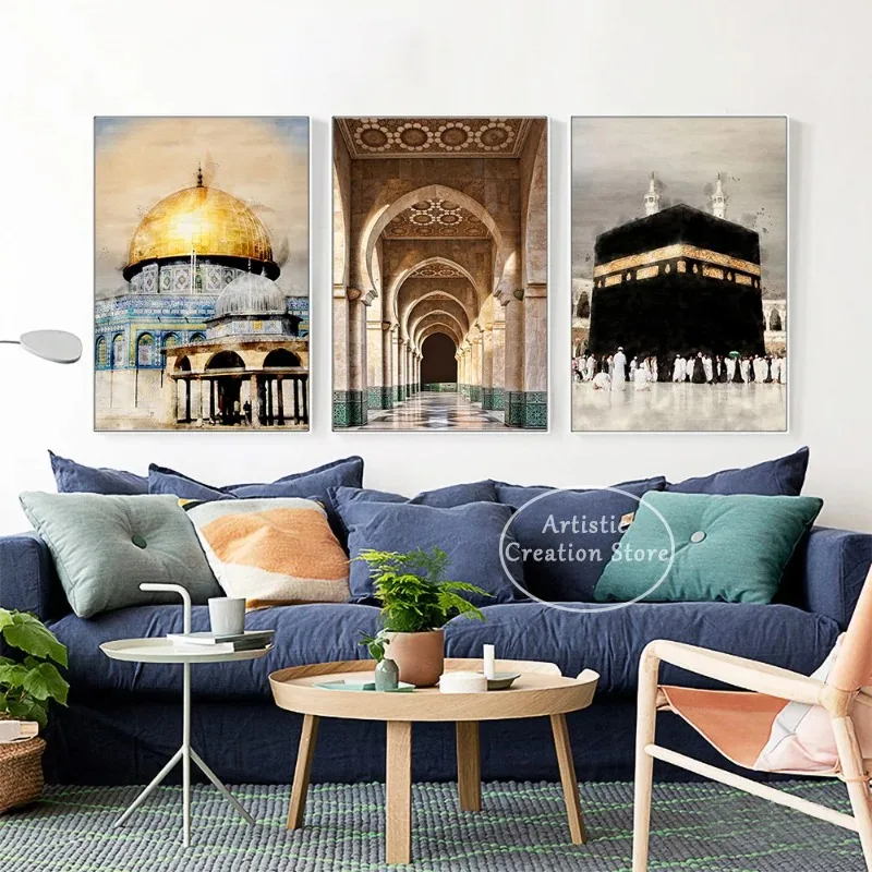 Мусульманская Каллиграфия Аллаху Акбар Кааба Священное Место Плакат Печать На