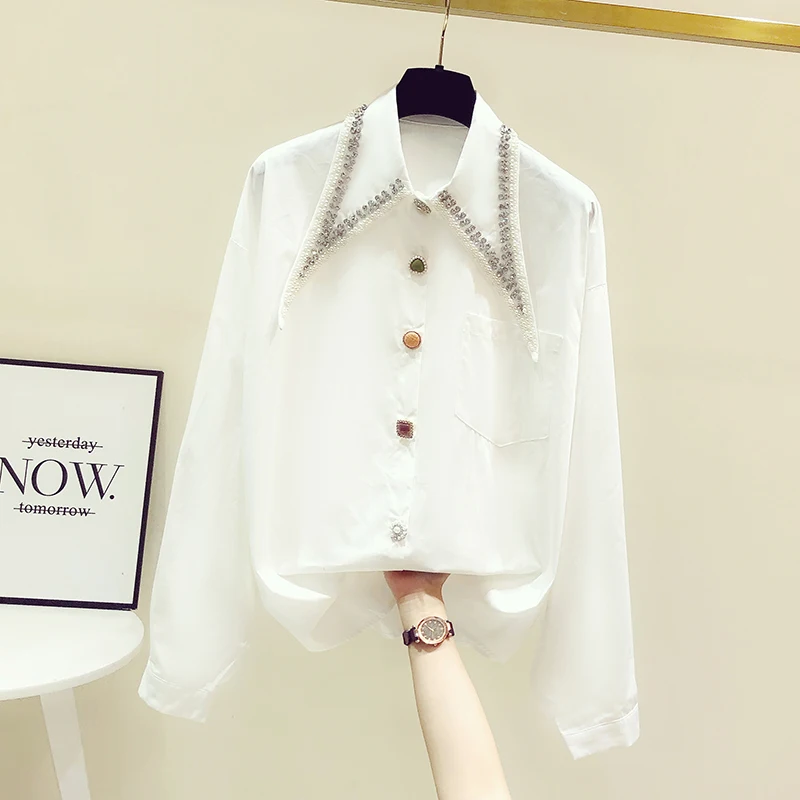 

SuperAen Bead Diamond Button Solid Turn Down Collar Full Loose Shirt Women's 2022 Spring Autumn Casual Tops
