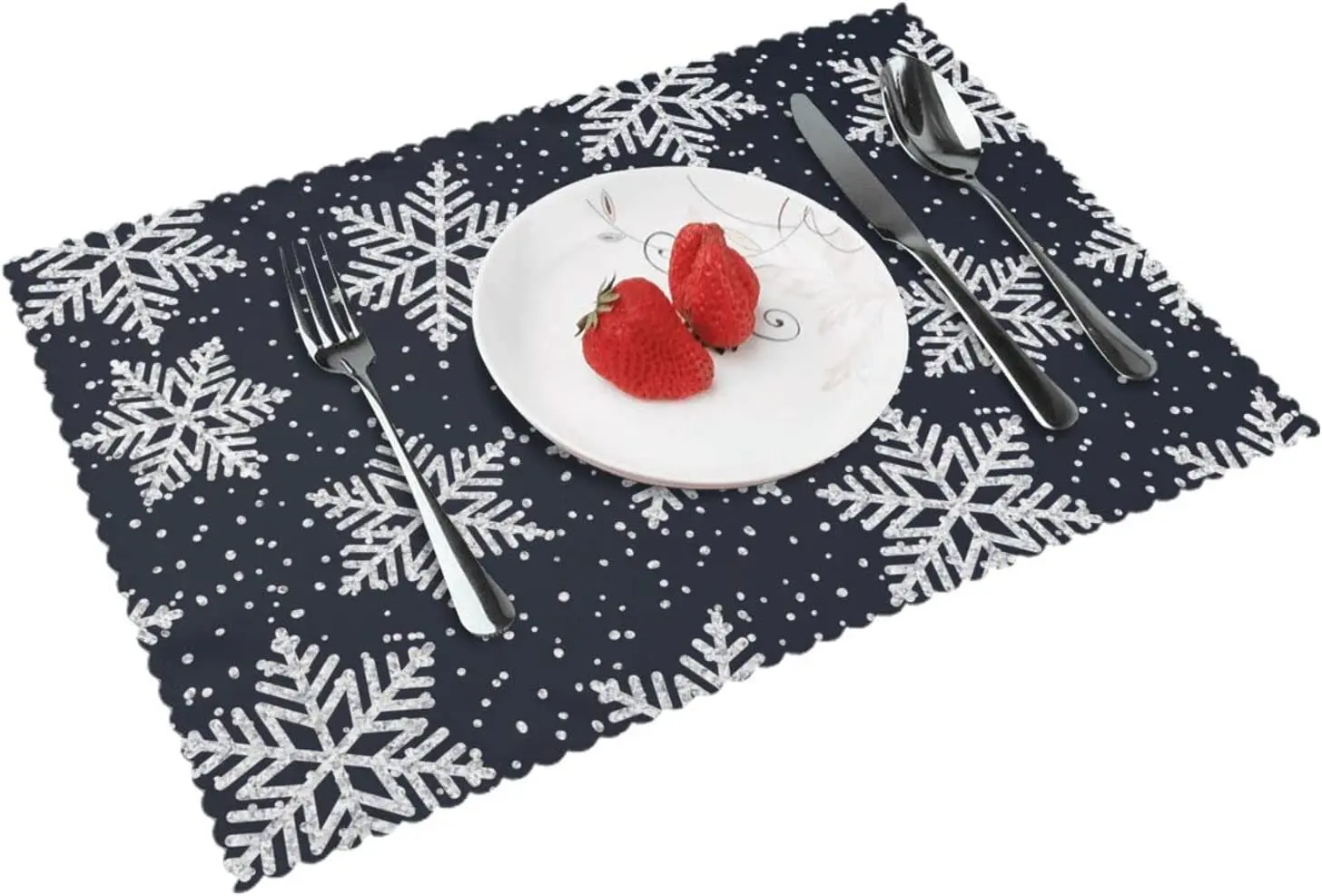

Merry Christmas Placemats Set of 4 Silver Glitter Snowflakes with Snow Place Mats Heat Resisting Washable Non Slip Table Mat