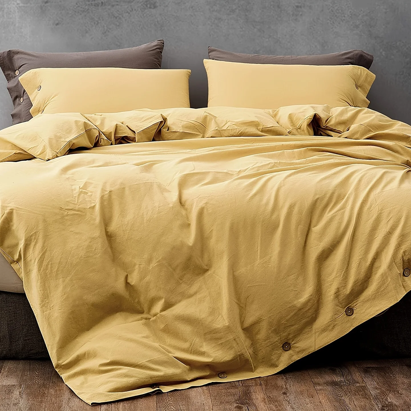 

3pcs Washed Cotton Duvet Cover Set - Mustard Yellow Comforter Cover Set, Soft, Cooling, Breathable Bedding Collection With Butto
