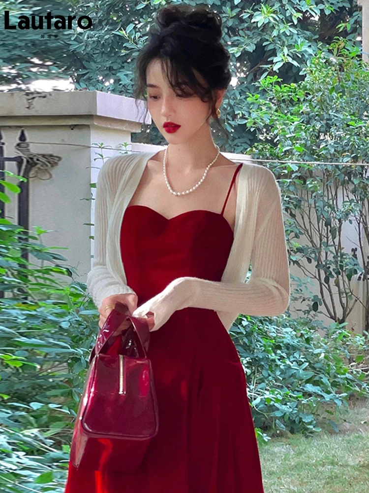 Lautaro красное эластичное мягкое бархатное платье миди на тонких бретельках