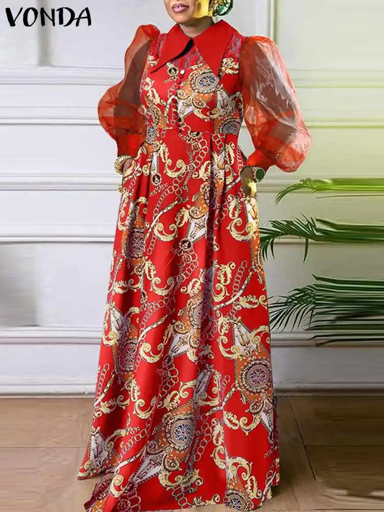 

Женское летнее платье VONDA 2023, винтажное длинное платье с пышными рукавами, Сетчатое лоскутное платье, сексуальный Макси Сарафан на пуговицах с лацканами, мешковатое платье