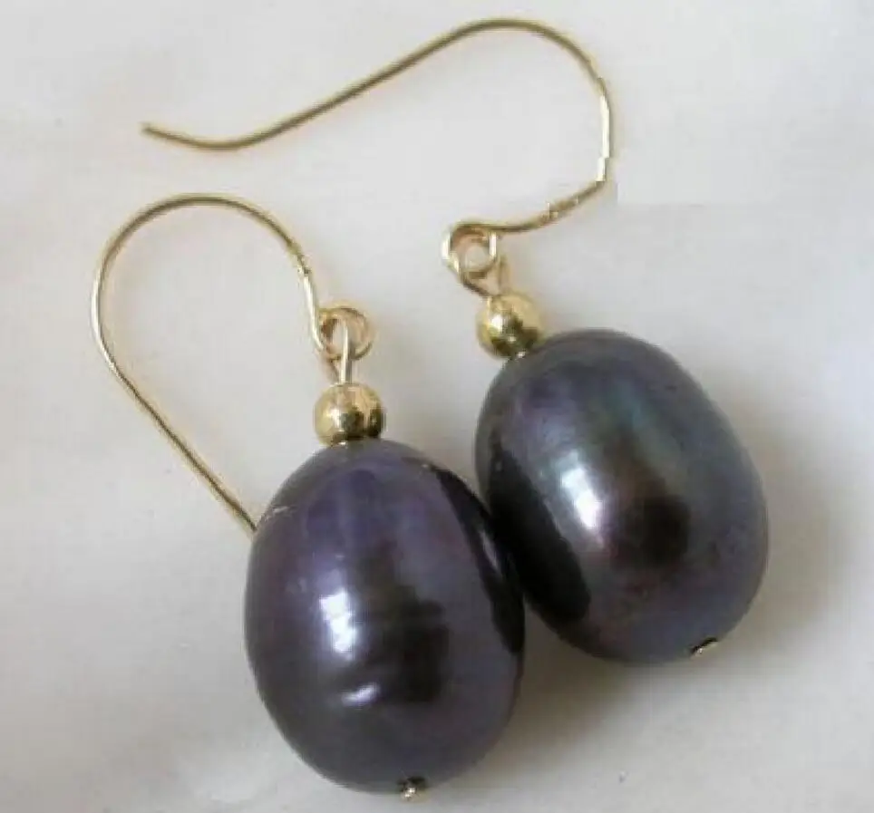 

natural AAA+ south sea black 12-14mm pearl dangle earring 14k/20 yellow Gold hook