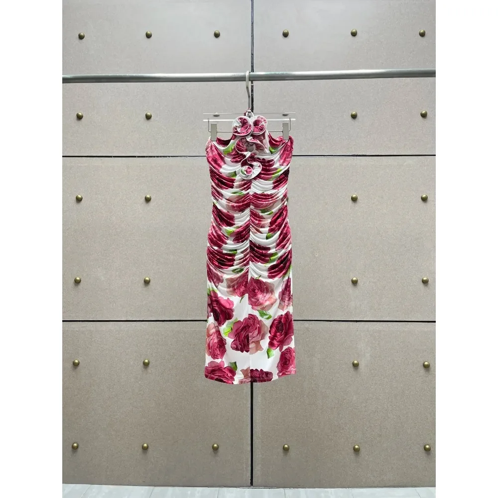 

Женское мини-платье с вырезом лодочкой, розово-Красное Облегающее платье без рукавов с цветочным принтом, 2023