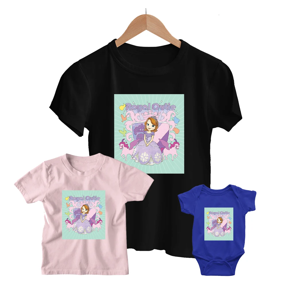 

T Shirts Disney Sweet Sofia Princess High Quality Kids Short Sleeve Baby Girl Boy Baby Romper Family Matching Adult Unisex Cute