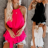 sexy ruffled strappy chiffon top waist strap sleeveless round neck solid color fashion spring and summer t shirt crop top women