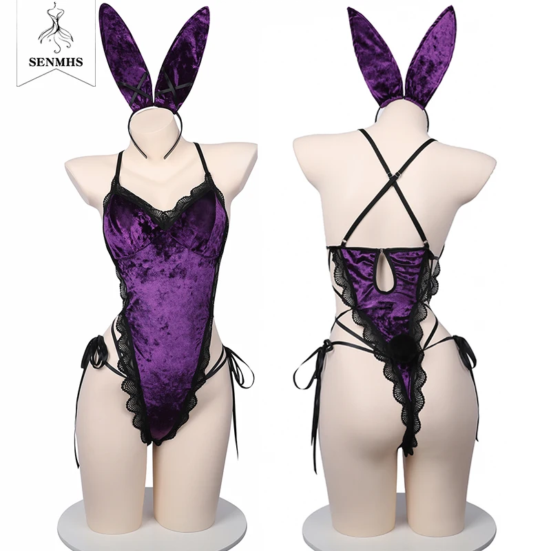 

Костюм для косплея девушки SENMHS с фиолетовым зайцем, Хэллоуин, кролик, сексуальное порно, женское белье, необычное боди с перекрестными лямками на спине, наряды