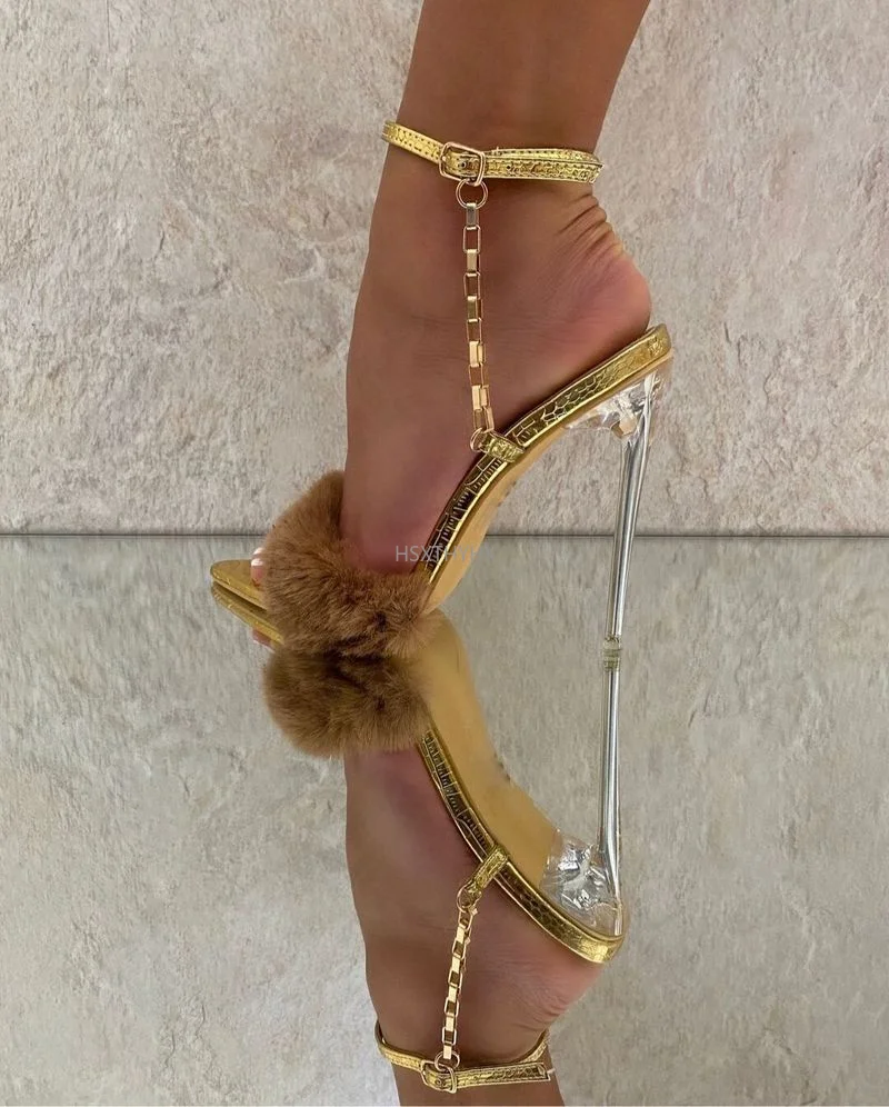 

Women Sexy Sandals Transparent High Heels Ladies Fashion Fluffy Pointed Toe Buckle Strap Party Shoes Silver Zapatos De Mujer