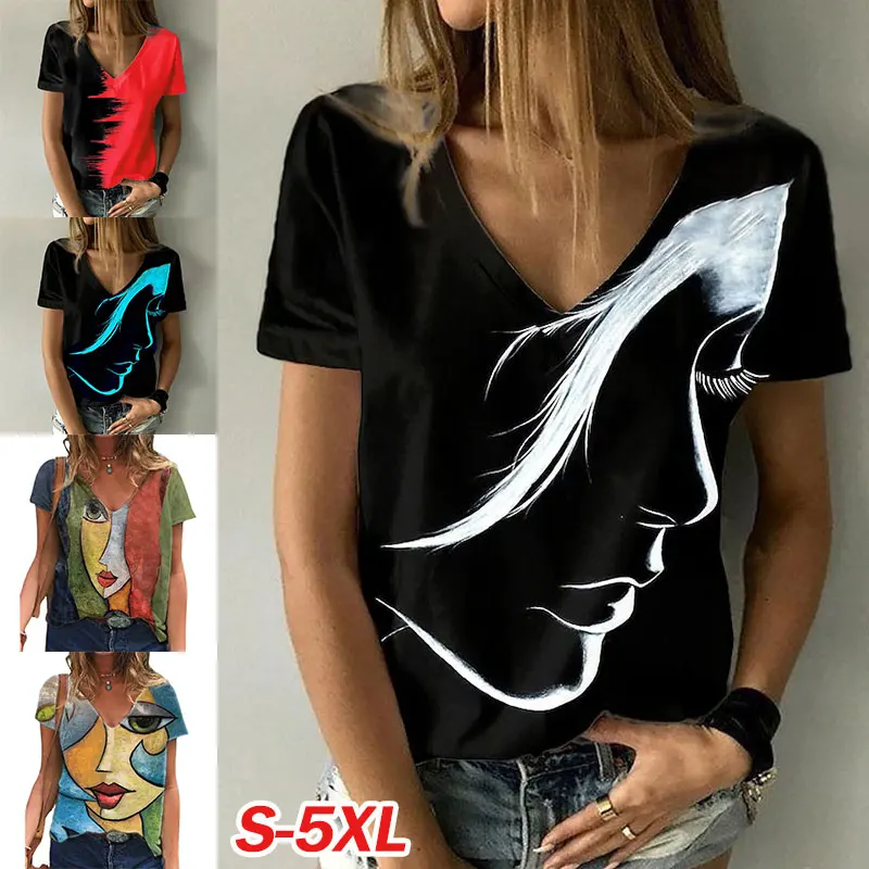 

Summer Women's Fashion Abstract 3D Printed T Shirt V Neck Femme Casual Oversized Short Sleeve Plus Size Pullover Mujer Camisetas