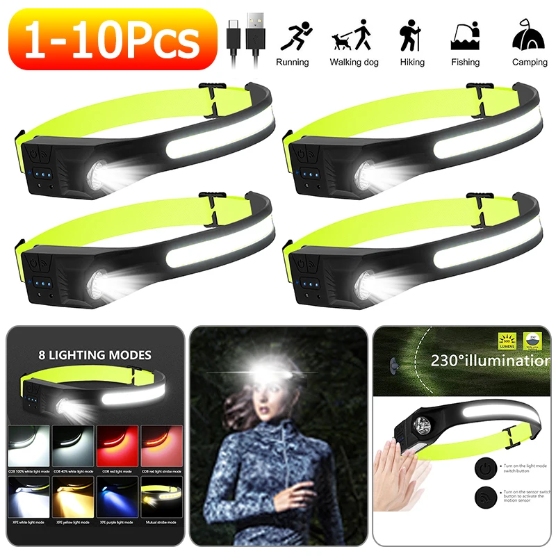 

1-10 шт. перезаряжаемая головная лампа с датчиком волны COB Регулируемая головная повязка многофункциональная перезаряжаемая лампа USB зарядка...