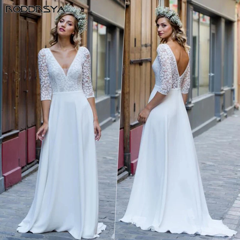 

Lace Half Sleeve Wedding Dress For Bride Elegant Chiffon Court Train Appliques Bridal Wedding Gown Backless Button Robe De Marié