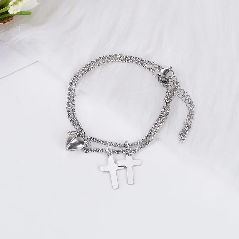 

2pcs/Set Stainless Steel Magnet Attracts Heart Cross Bracelet For Women Men Metal Couples Wedding Pulseras Gifts