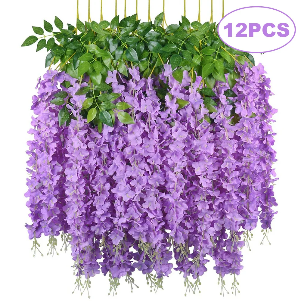 

Fake Hanging Flowers 12 Pieces 3.75 Feet Artificial Wisteria Vine Ratta Hanging Garland Silk Flowers for Home Party Wedding Deco