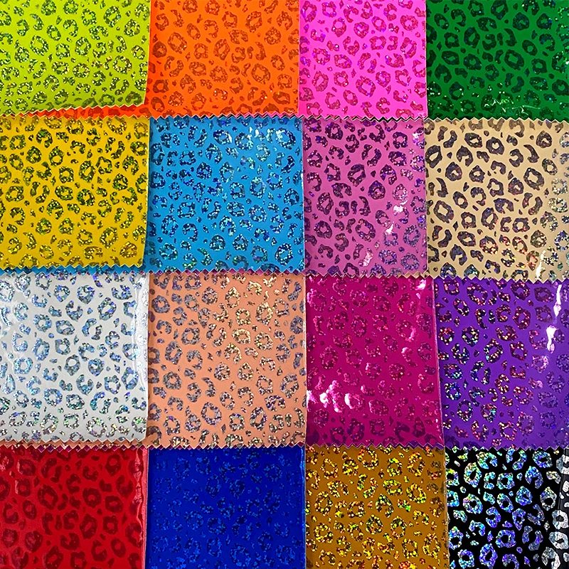 

Iridescent Cloud Design Leopard print Pattern Printed Mirror Effect PU Holographic Faux Leather Fabric Sheet For Bag 46*135cm