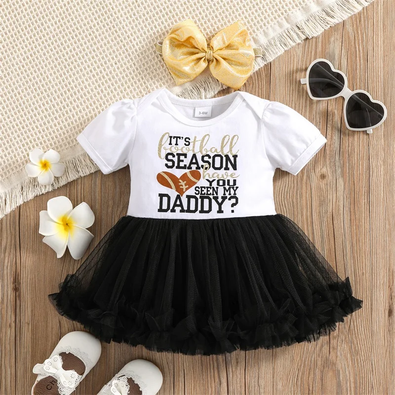 

Toddler Girls Tutu Dress Short Sleeve Tops Letter Print Patchwork Ruffle Hem Tulle Dresses Baby Clothing Sets Headband 3M-3Years