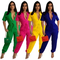 new fashion solid color jumpsuit ladies casual overalls short sleeve pocket jumpsuit women 2022 spring summer bodysuit trousers