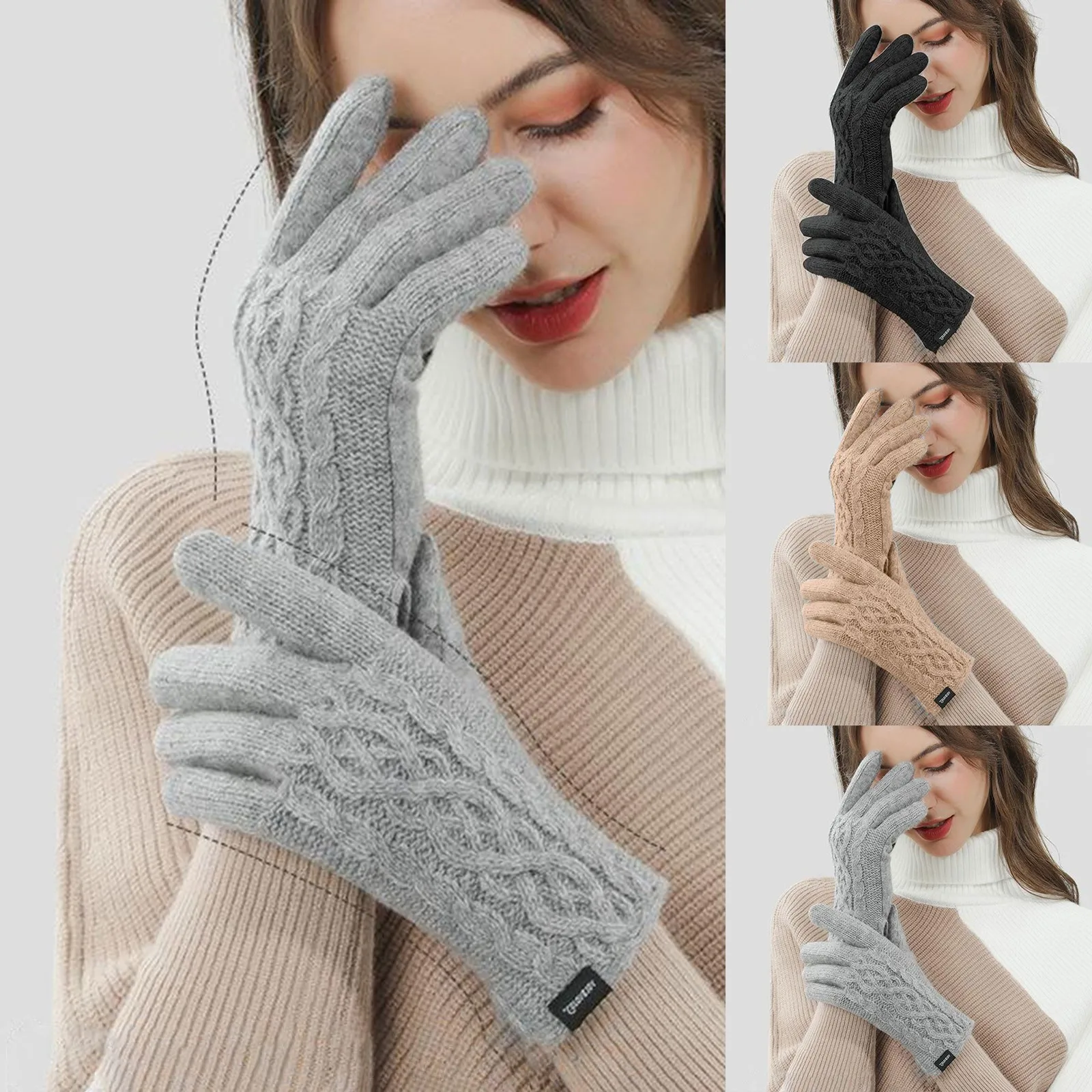 

Women Gloves Mitten Thickened Warm And Lengthened Wrist Knitted Fried Dough Twist Stereoscopic Screen Gloves In Winter