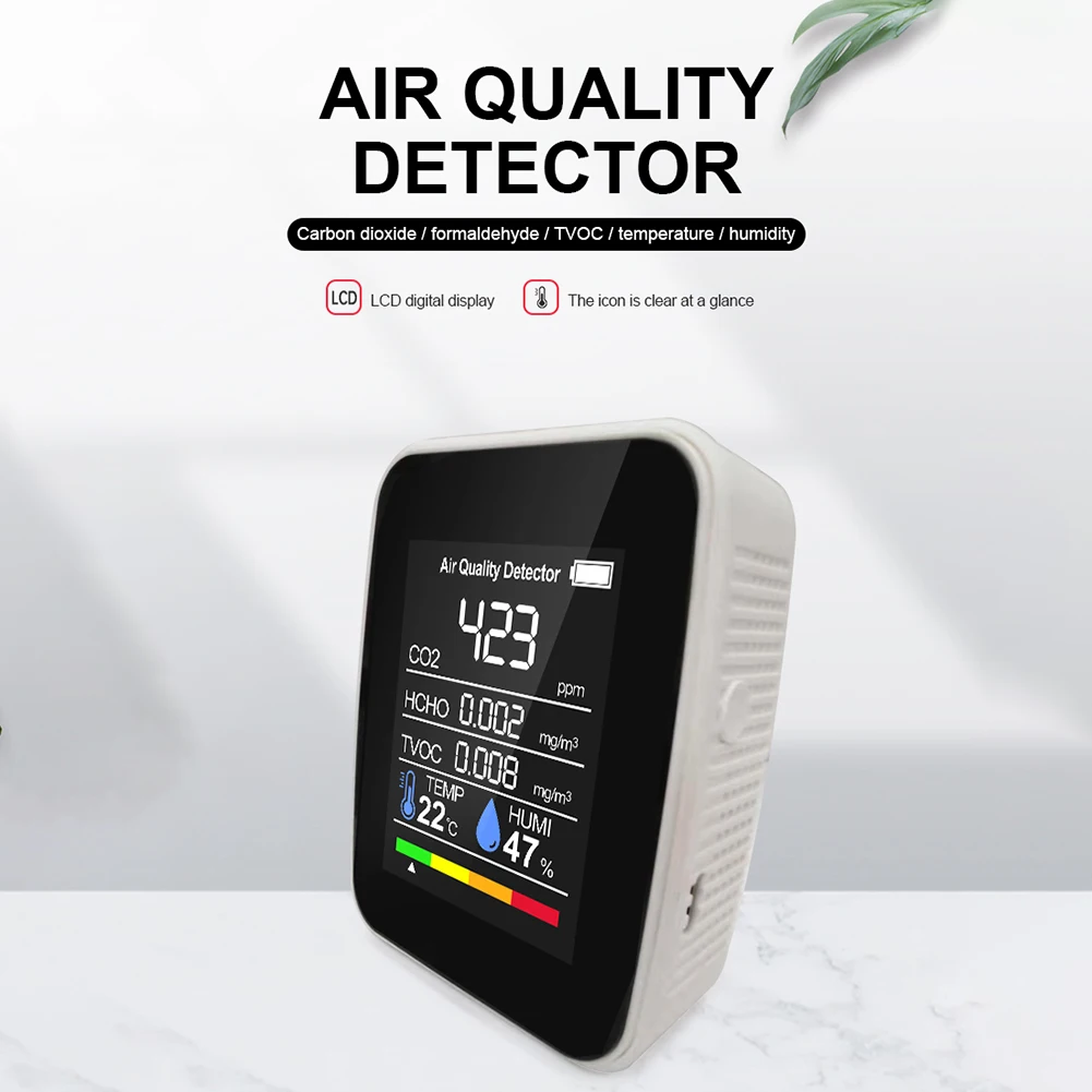 

Цифровой датчик температуры и влажности CO2, тестер 5 в 1 для контроля качества воздуха, детектор углекислого газа, TVOC, HCHO