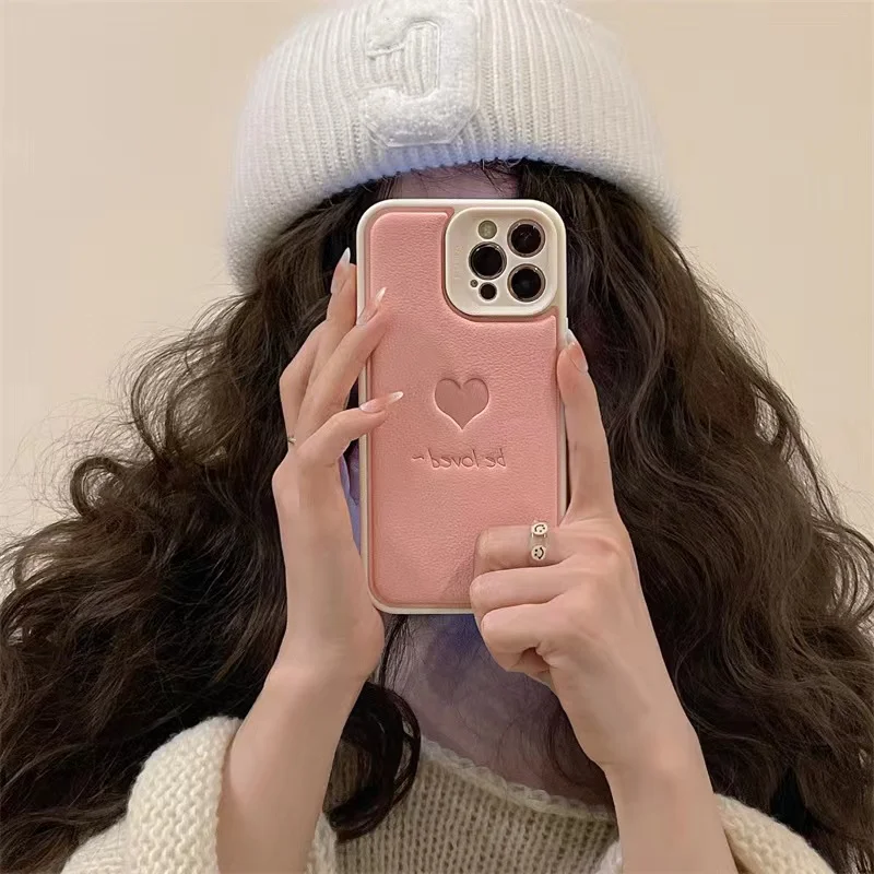 

New Fashion Girls Pink Love Leather Phone Case For iPhone 11 12 13 Pro X XR XS Max 7 8P Personalization Camera Protection Cover