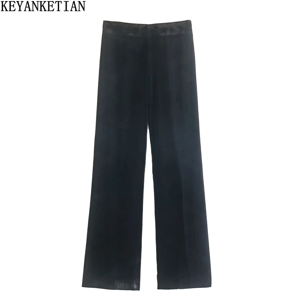 

KEYANKETIAN women's velvet-flared winter pants new side zipper high-waisted retro commuter style black casual shorts