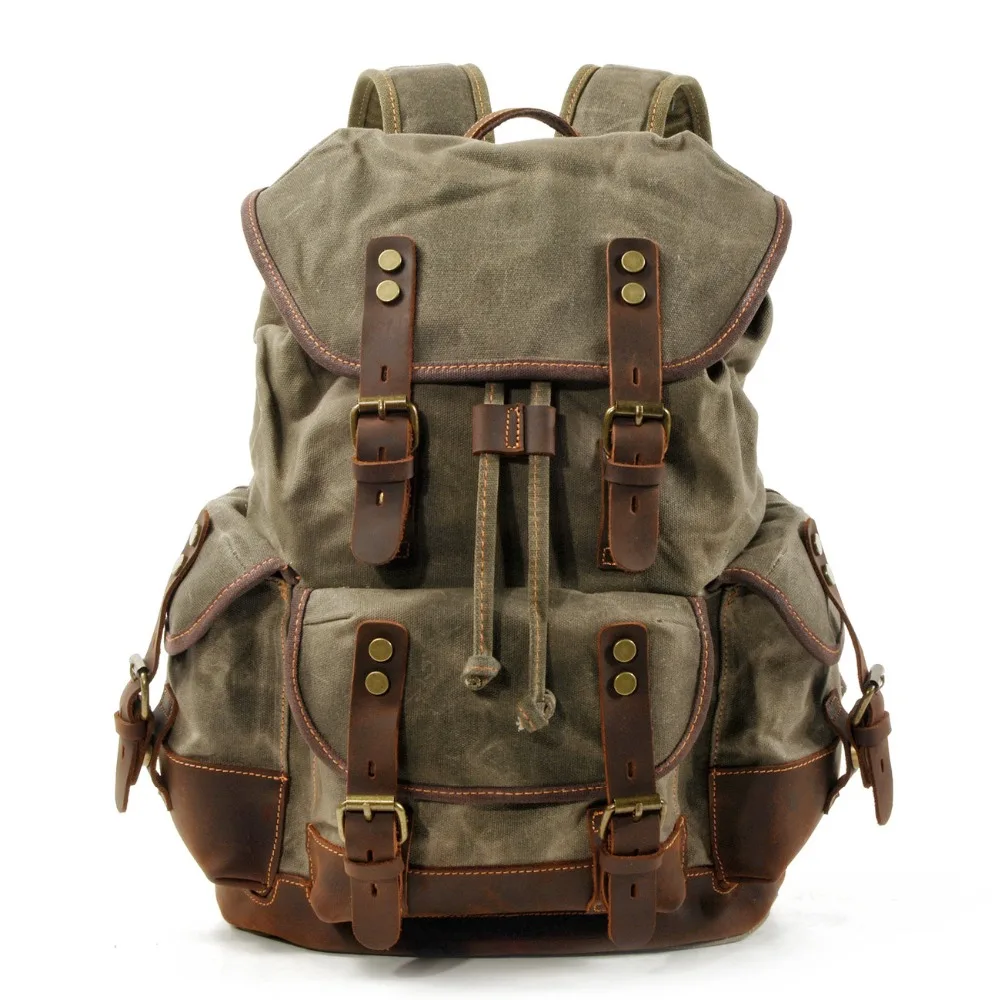 Men's Leather Backpack for Men Mochila Hombre High Capacity Waxed Canvas Vintage Backpack for School Hiking Travel Rucksack