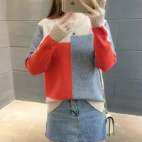 autumn winter fashion casual loose round neck knitted tops women color block pullover sweaters female long sleeve basic jumper