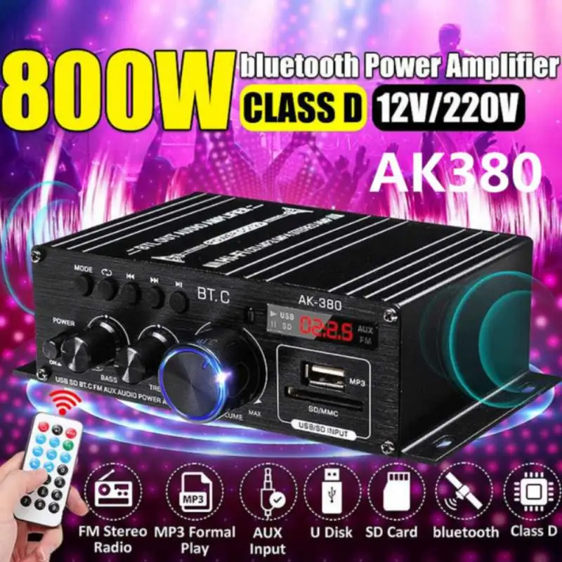 AMPLIFICADOR DE POTENCIA Ak380 de 800W y 12V para coche, reproductor de música estéreo compatible con Bluetooth, Audio de graves, altavoz para coche, Clase D, FM, USB/SD