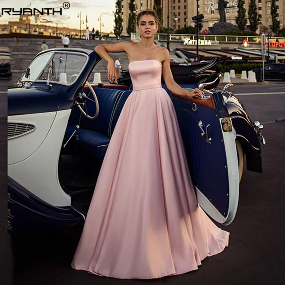 

Ryanth Simple Pink Strapless Satin Prom Party Dress Long A Line Lace-up Backless with Bow Wedding Guest Ball Gown robe de soirée