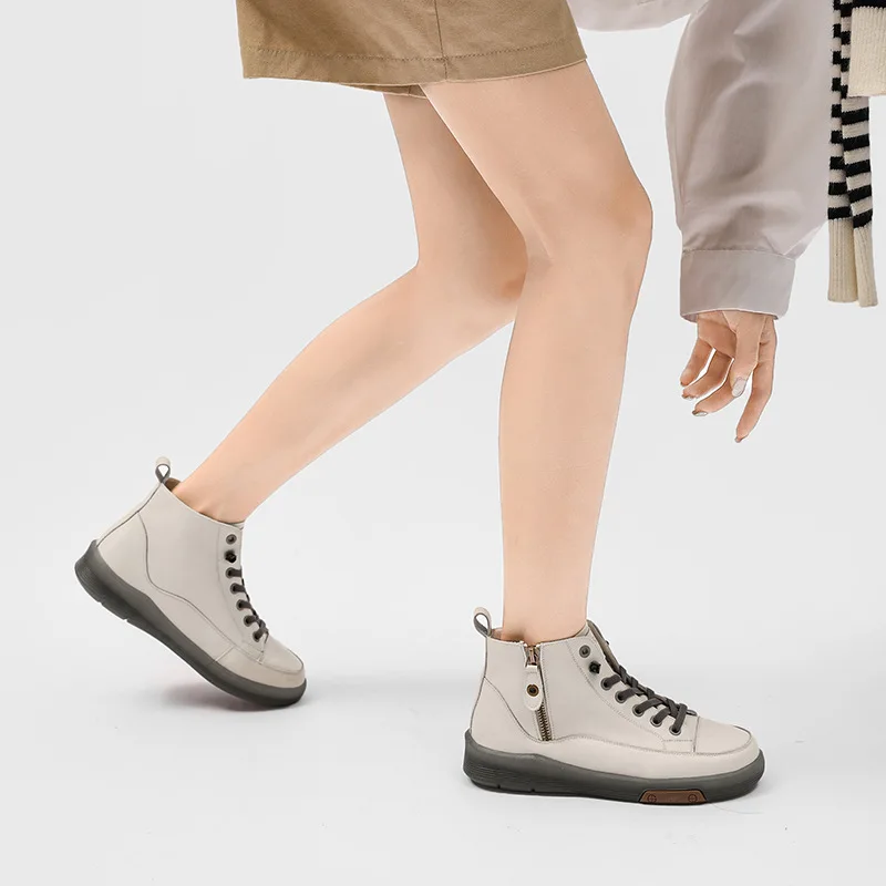 Women's Boots Genuine Leather Spring 2023 New Casual Shoes British Style High Top Board Shoes Small White Ankle Boots Women