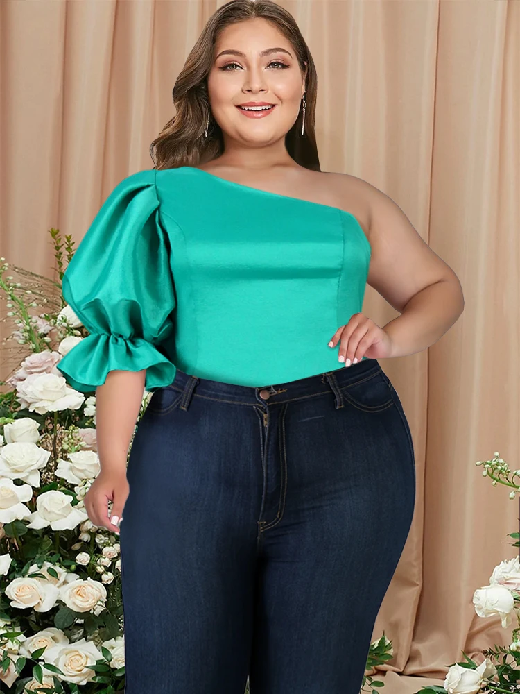 Plus Size Sexy Blouse Women One Shoulder Puff Sleeve Elegant Tops Green Goning Out Shirt 2023 Fashion Party Femme African Summer
