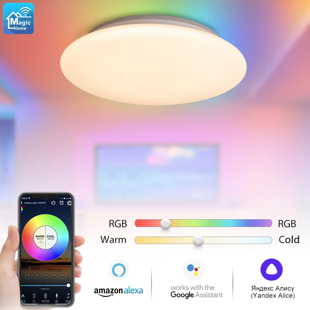 

Потолочный светильник RGBCW, дистанционное управление через приложение, с голосовым управлением, с регулируемой яркостью, светодиодный умный потолочный светильник для гостиной с Alexa/Google, 28/30 Вт