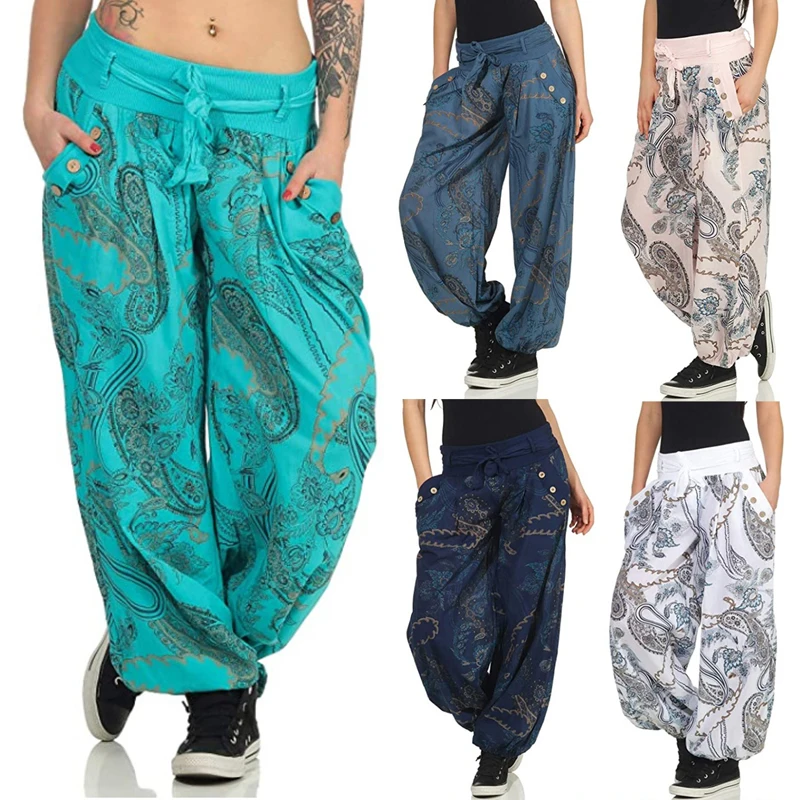 Fashion Oversize Pants Hip Hop Style Women Bohemian Harem Pants Ankle Tied Paisley Low Waist Pockets Baggy Trousers For Daily