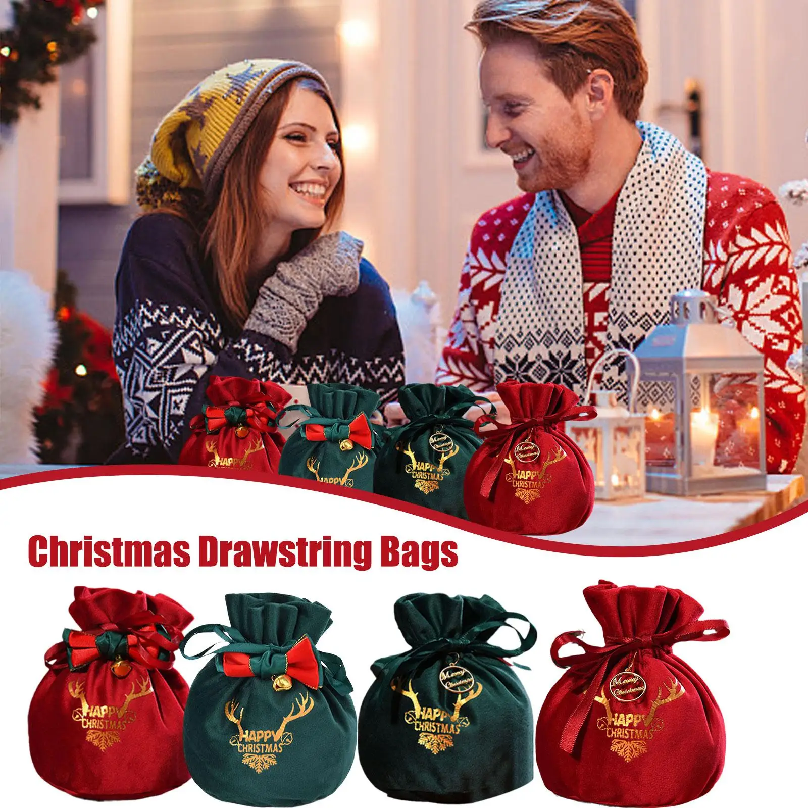 5/10Pcs Christmas Gift Bags Velvet Candy Draw String Presents Elk Antlers Reindeer Packing Bags for Xmas Party Wedding Birthday