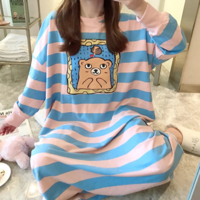 2023 Women Sleepwear Summer Clothing Night Dress Cute Long Sleeve Loose Striped Embroidery Cartoon Sleepshirts Pajamas