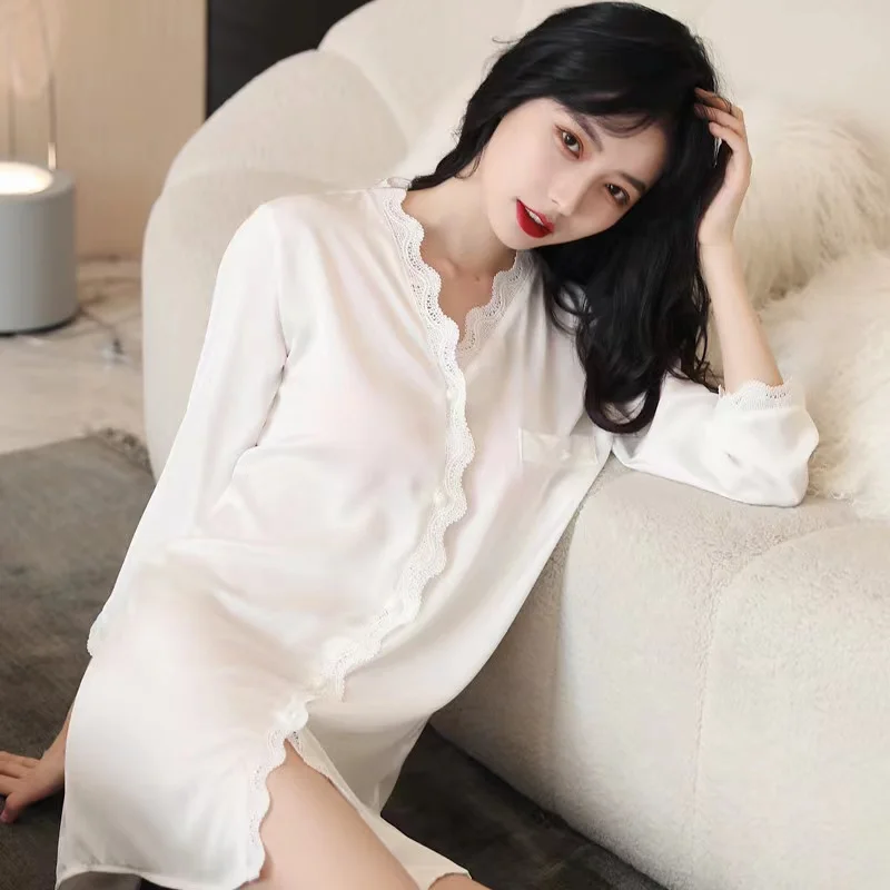 Spring And Summer Sexy Cardigan Solid Color Long-Sleeved Ice Silk Casual Home Service Pajamas Nightdress Women