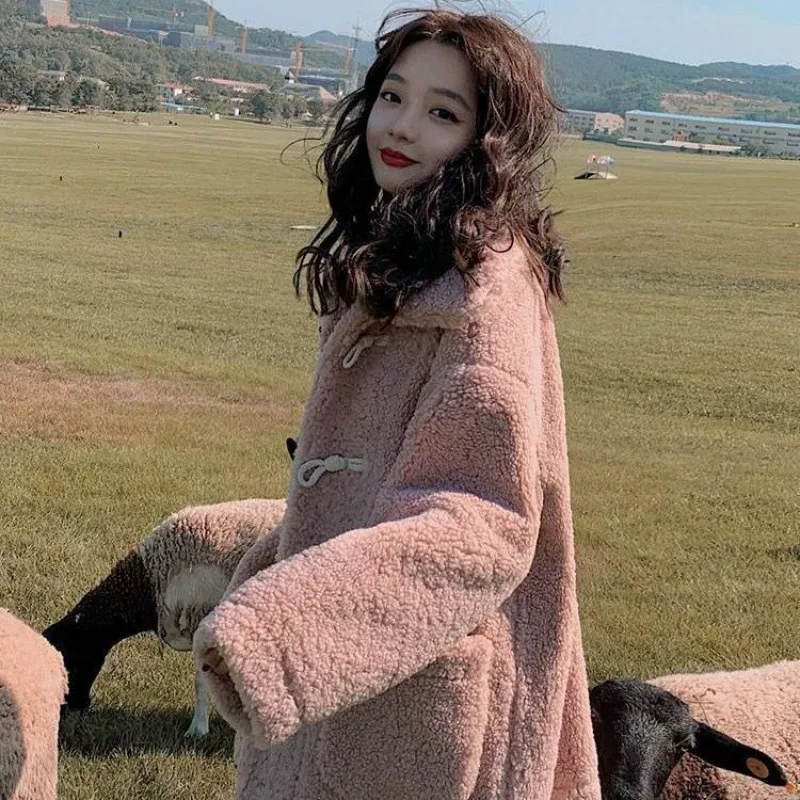 2022 autumn/winter Korean fashion of loose sweet granular cashmere faux lamb plush fur coat women's fur one coat Horn Button