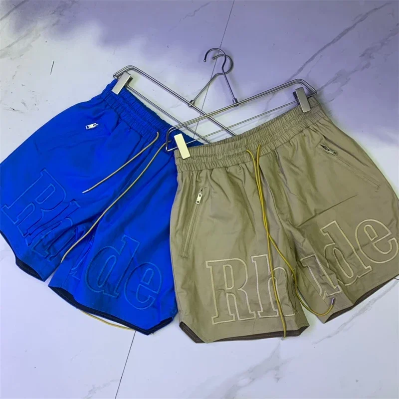 

Khaki Multiple Pockets Rhude Cargo Shorts Men Women 1:1 kanye Double-Deck Logo Embroidered Breeches Inside Tag Men's shorts