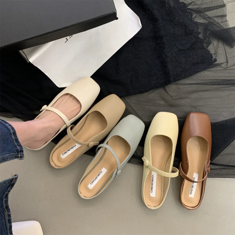 

French Retro Half Slipper 2023 Muller Shoes Baotou Solid Belt Buckle Women's Shoes Flats Soft Pantuflas De Mujer Slip on Zapatos