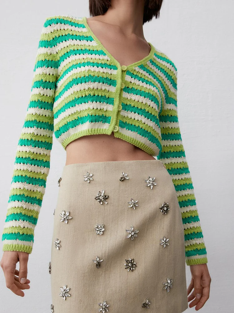 

Women 2021 Green Stripes Cropped Cardigan Sweater Women Coat Autumn Woman Clothing Long Sleeve Top Chic Knit Sweater