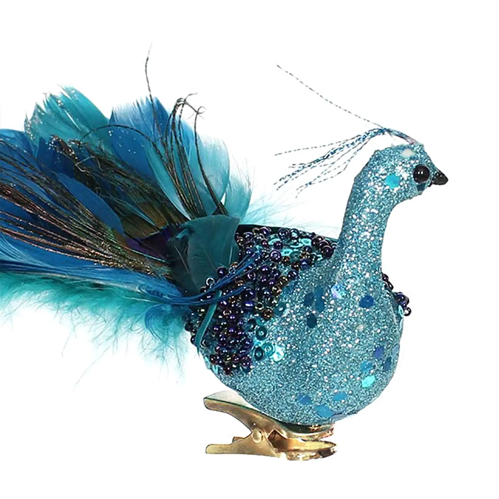 

Glitter Peacocks Ornaments Teal Blue Christmas Tree Decorations Artificial Peacocks Clip-on Birds Handmade Craft for Home Garden