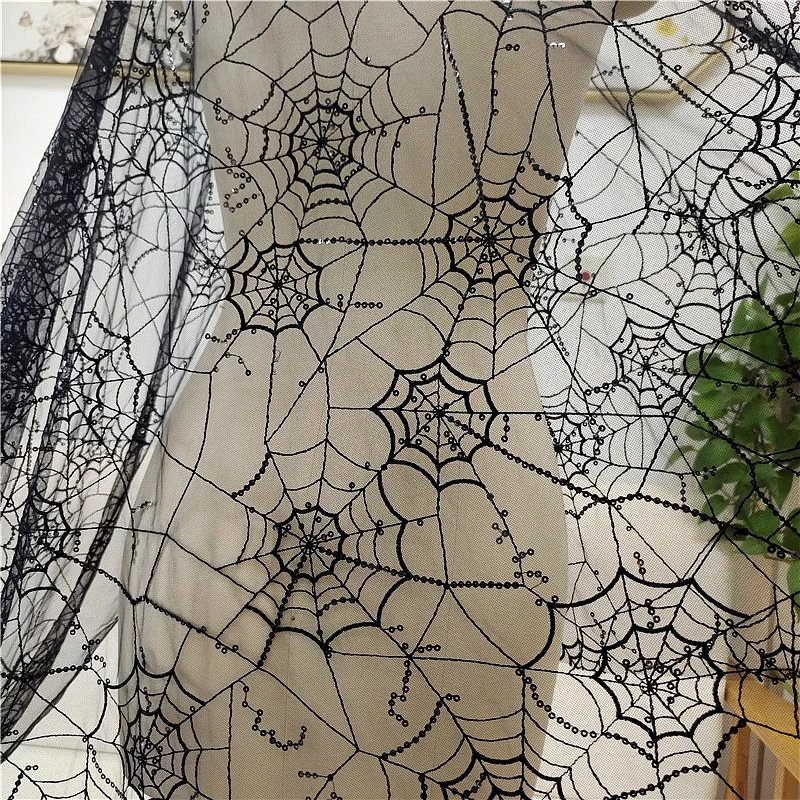

Black and Off-White Spider Web Sequins Lace Fabric Wedding Dress Children's Wear Stage Clothing DIY Cloth RS4026