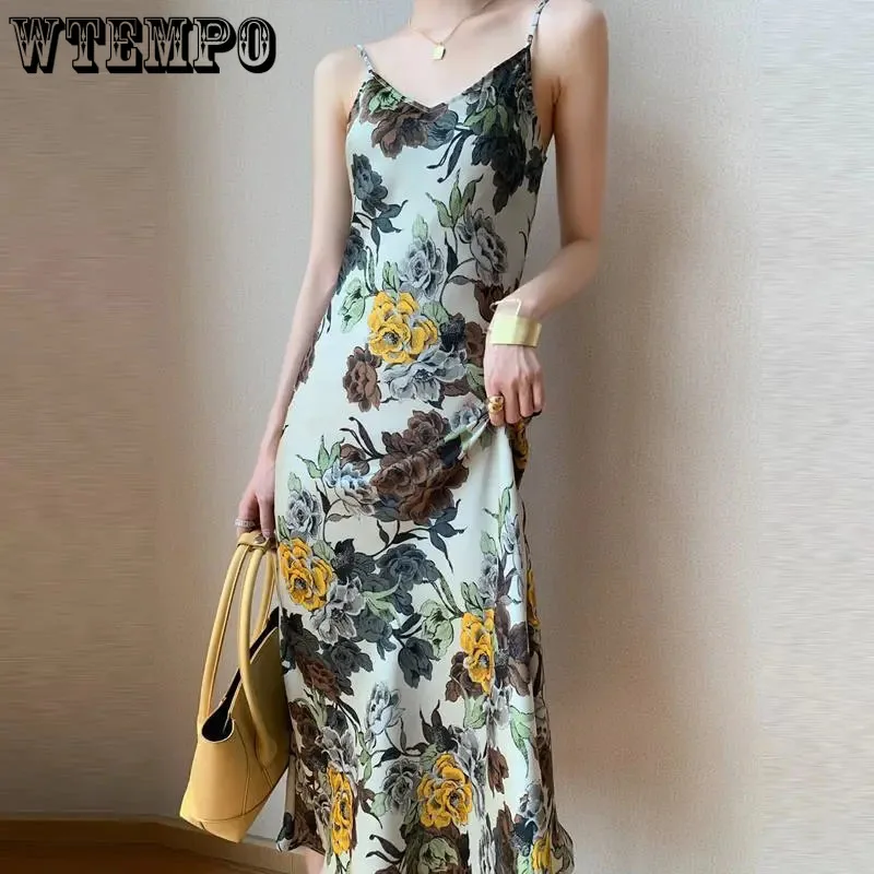 Атласное платье с цветочным принтом WTEMPO элегантное винтажное на бретелях