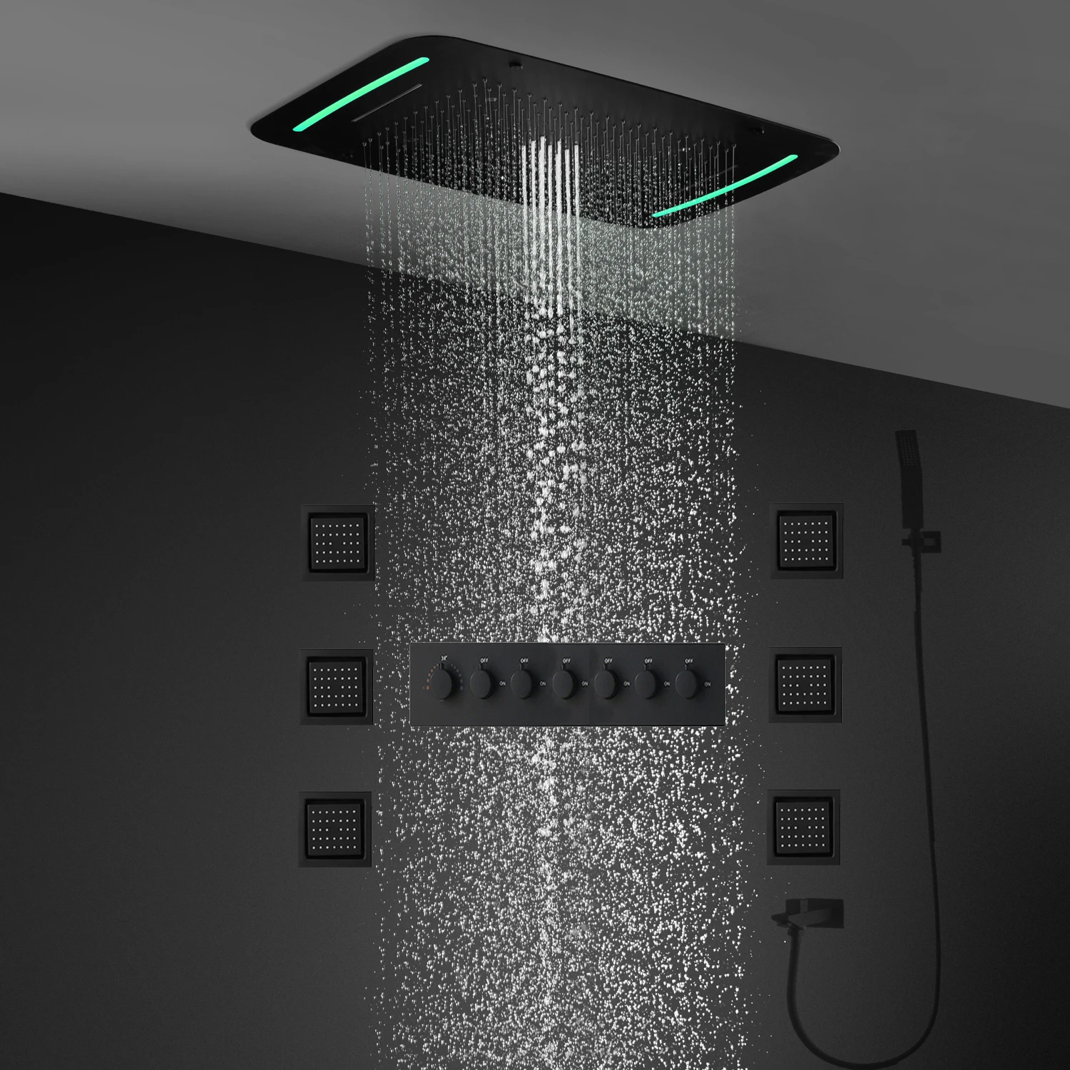 

Bathroom Luxury Large 6 Functions LED Shower Set Waterfall Rainfall Showerhead System Thermostatic Black Faucet Massage Body Jet