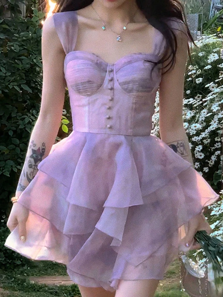 

Women Korean Fashion Backless Fit Strap Kawaii Dress Summer Lace Fairy Sweet Dress Female Fluffy Elegant Party Mini Dress 2022