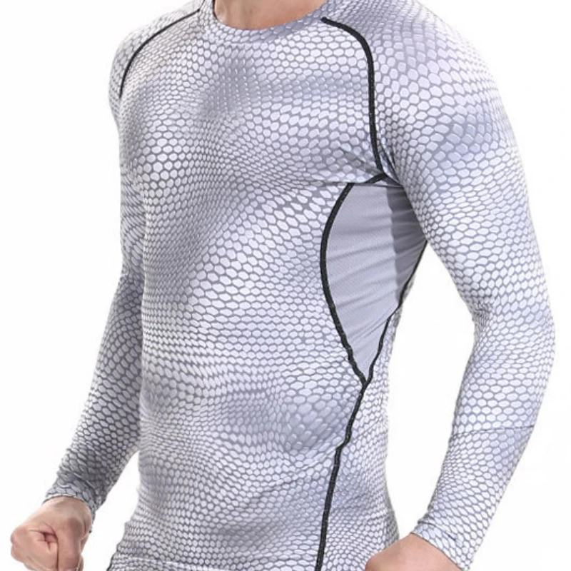 LU Snake Print Gym T-shirt Long Sleeve Crew Neck Quick Drying Shirt Fitness Men Breathable Sports Compression Shirt Training